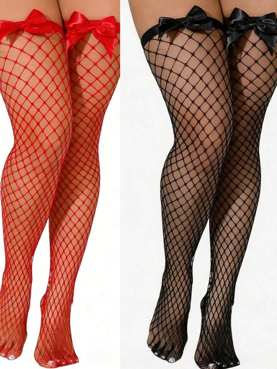 Fishnet Stocking Women - Kousen met strikdecoratie, fishnet, boven de
